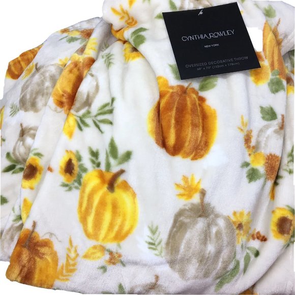Cynthia Rowley Pumpkin Sunflower Throw Blanket Micro Fleece Thanksgiving Decor - Picture 2 of 12